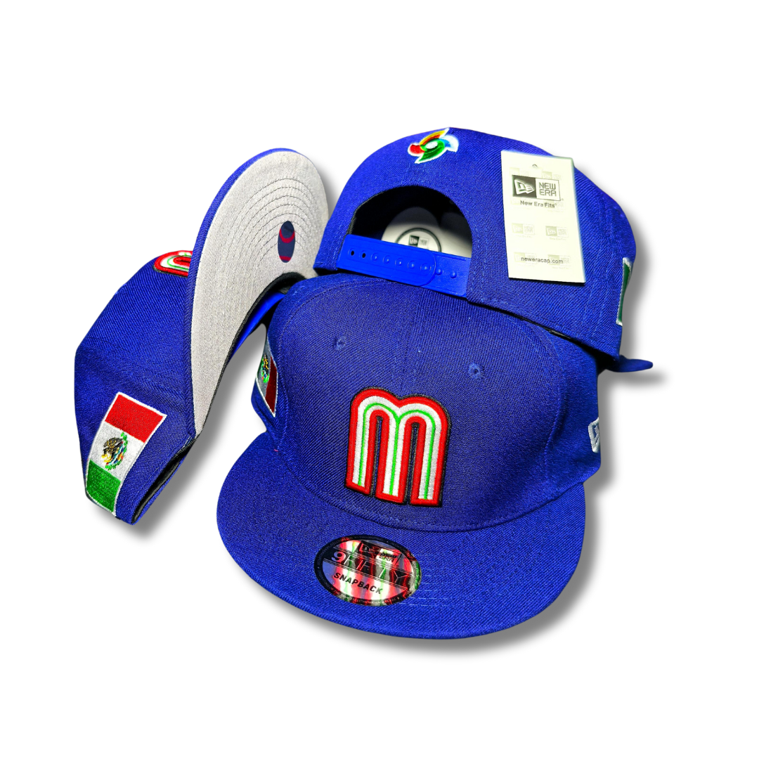 Mexico National Baseball Team with Embroidered Logo and Flag Patch Blue – Snapback Cap